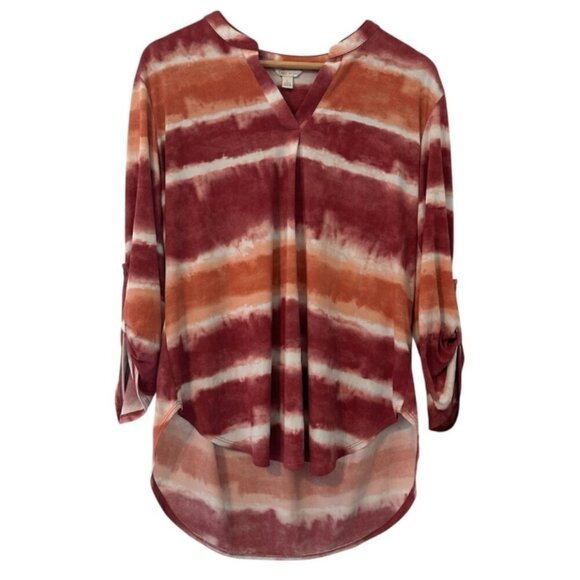 CATO Women's Large Pink Orange Stretch Tie Dye 3/4 Sleeve Casual Career Blouse - Picture 2 of 5